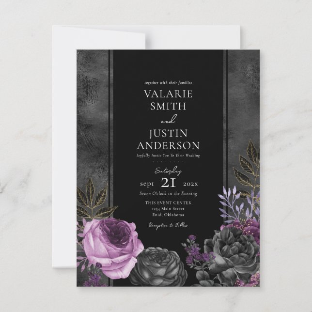 Invitación gótica Boda floral morado y negro (Anverso)