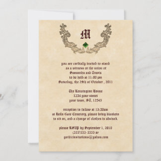 Invitación gótica con monograma de esmeralda y oro