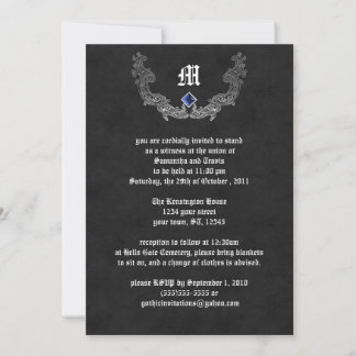 Invitación gótica con monograma de zafiro y plata