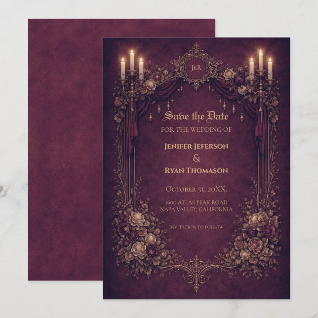 invitación gótica de Halloween para boda y guardar (Anverso / Reverso)
