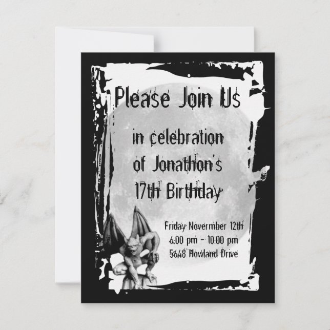Invitación gótica del cumpleaños del Gargoyle y de (Anverso)