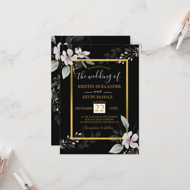 Invitación Gótica dorado negro Dusty Flores blancas acuarela (Anverso/Reverso In Situ)
