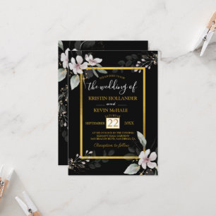 Invitación Gótica dorado negro Dusty Flores blancas acuarela