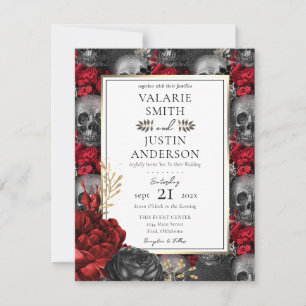 Invitación gótica floral roja y negra todo en uno
