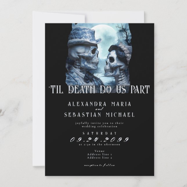 Invitación Gótica hasta la muerte Cránulos de porcelana Boda  (Anverso)