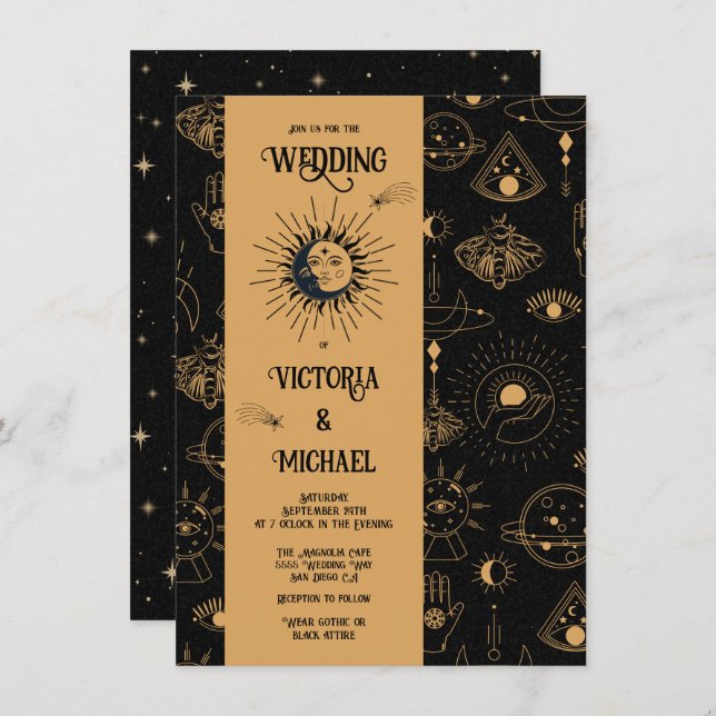 Invitación Gótica Mistical Moon Stars Moth Invito Boda oscuro (Anverso / Reverso)