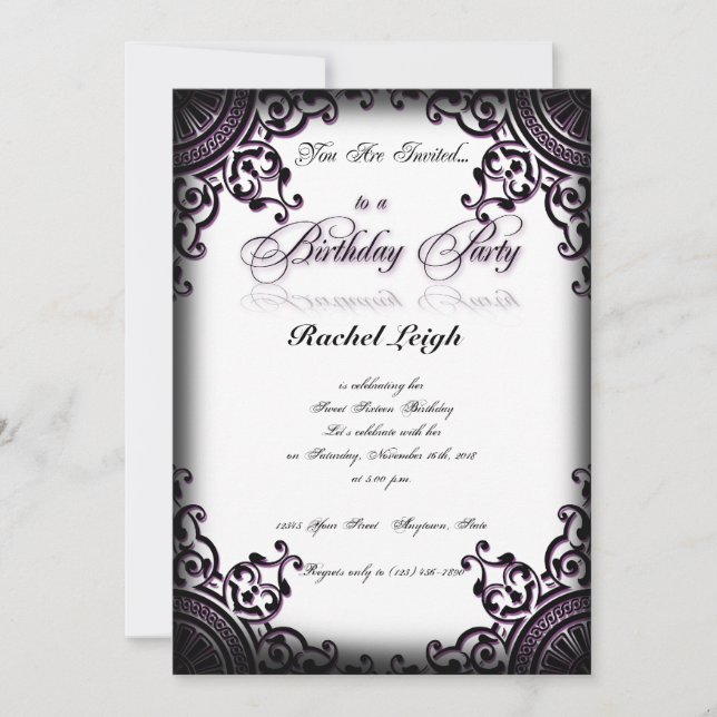 Invitación gótica negra y púrpura del cumpleaños (Anverso)