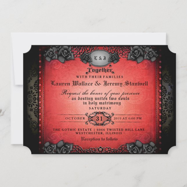 Invitación Gótica negra y roja de Halloween junto con Boda (Anverso)