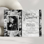 Invitación Gótica RIP veinte años 30 aniversario de invitació<br><div class="desc">Viejas invitaciones para la fiesta de cumpleaños de 'muerte a mis veinte años' que incluyen un fondo floral de color blanco y negro rústico con un revestimiento de mármol gris plateado, una foto para que la reemplacen con la tuya propia, y una plantilla de celebración número 30 que es fácil...</div>