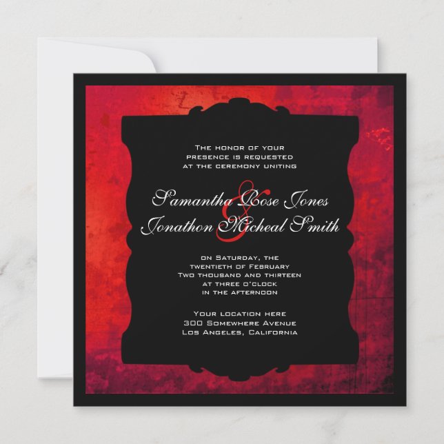 Invitación gótica roja apenada de la boda (Anverso)