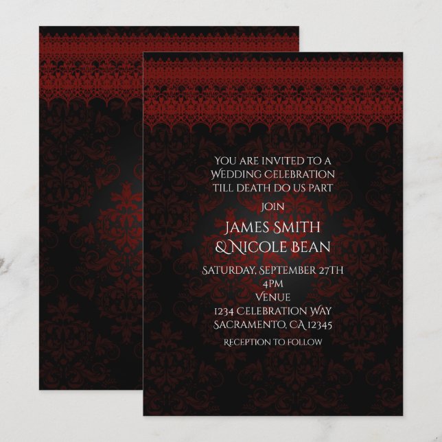 Invitación gótica romántica de damasco y encaje ro (Anverso / Reverso)