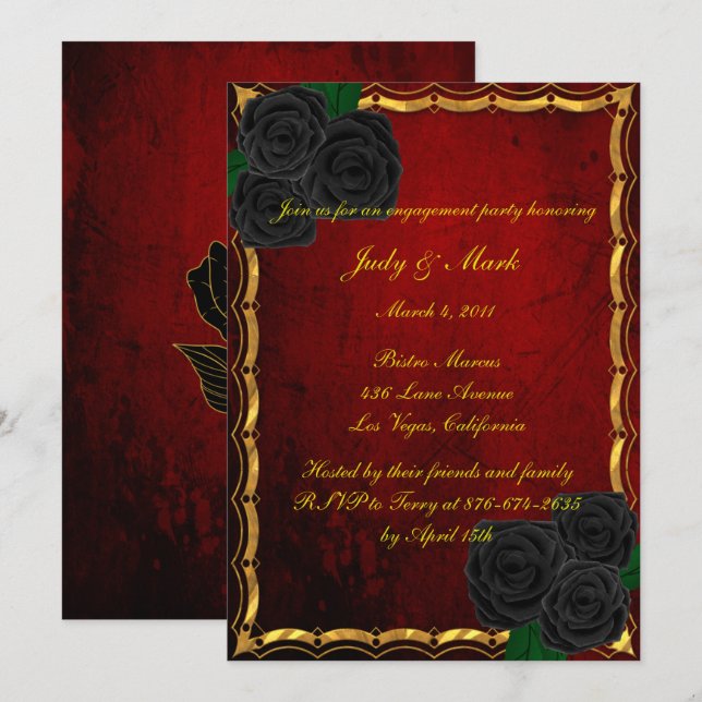 Invitación Gótica Rosas Negros Blood Red Engagement Party (Anverso / Reverso)