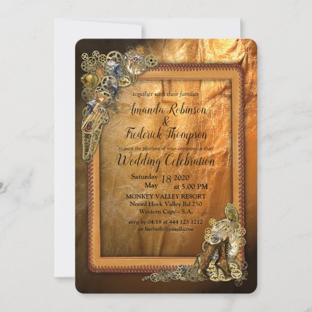 Invitación Gótico - Boda Steampunk Sobre Cuero (Anverso)