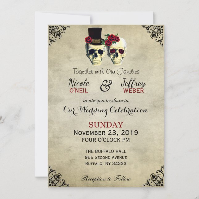 Invitación Gótico de cráneo de novia y Groom Boda ruso (Anverso)