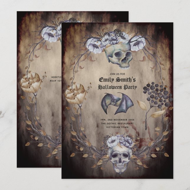 Invitación Gótico de Flores Naranjas Púrpura de Calaveras Gót (Anverso / Reverso)