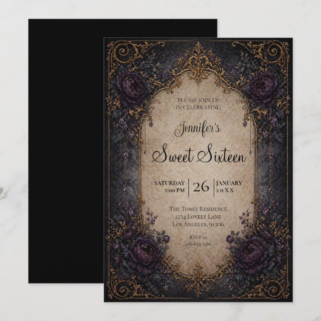Invitación Gótico floral temperamental Cumpleaños 16 (Anverso / Reverso)