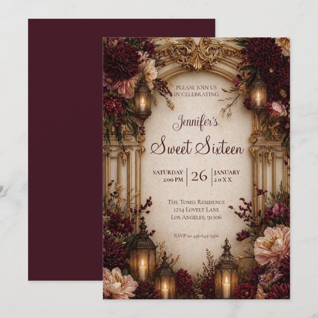 Invitación Gótico floral temperamental Sweet 16 (Anverso / Reverso)