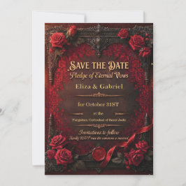 Invitación Gótico Guardar la Fecha con Rosa Roja y Sello de C