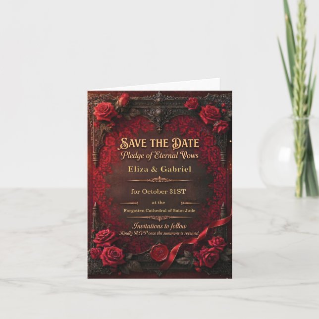 Invitación Gótico Guardar la Fecha con Rosa Roja y Sello de C (Anverso)