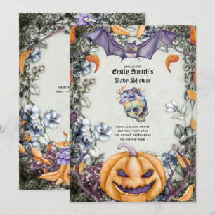 Invitación Gótico Halloween Baby Shower Morple Naranja Skulls