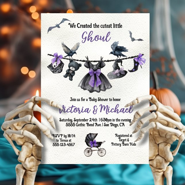 Invitación Gótico Halloween Clothesline Chica Baby Shower (Subido por el creador)