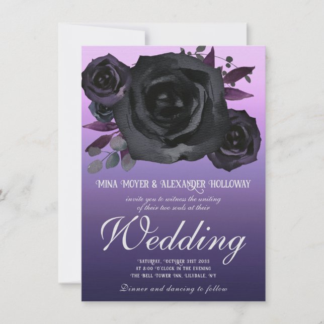 Invitación Gótico moderno Rosas negros morados Boda QRC (Anverso)