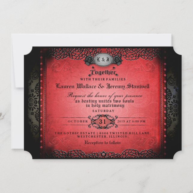 Invitación Gótico negro y rojo de Halloween junto con Boda (Anverso)