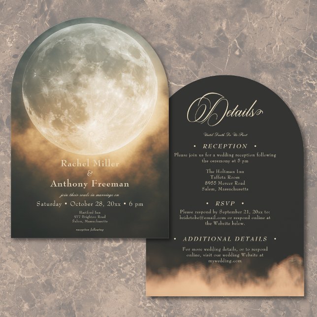 Invitación Gótico Oscuro Boda de arco lunar completo a dos la (Gothic Dark Full Moon Arch Wedding Two Sided Invitation)