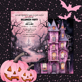 Invitación Gótico Pastel Negro y Rosa Fiesta de Halloween