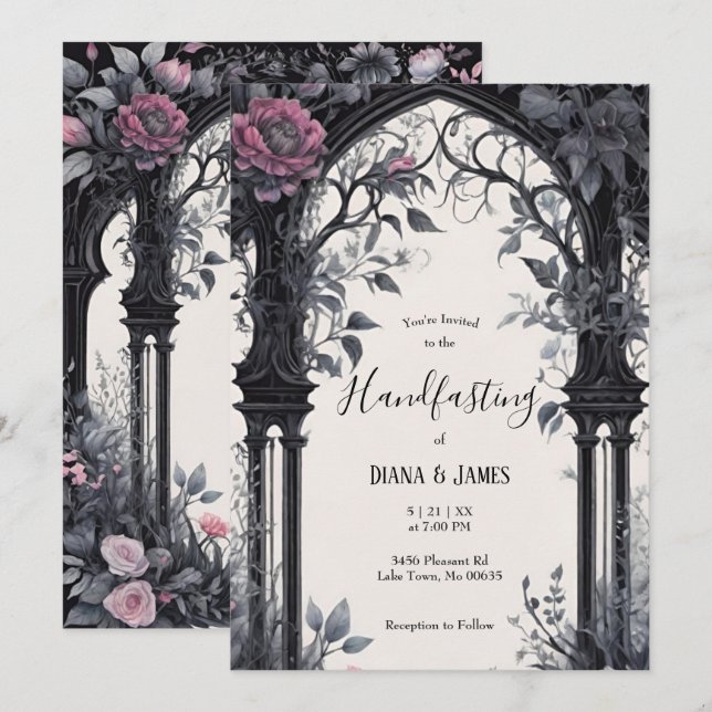 Invitación Gótico Pink Floral Garden Gate Pagan Handfasting (Anverso / Reverso)