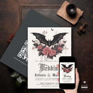Invitación Gótico QR Rosas de palisandro Negro Bat Bouquet
