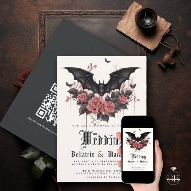 Invitación Gótico QR Rosas de palisandro Negro Bat Bouquet (Subido por el creador)