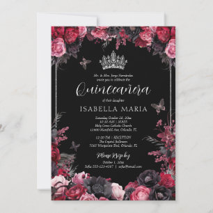 Invitación Gótico Quinceañera de Florales Rojo y Negro Malhum