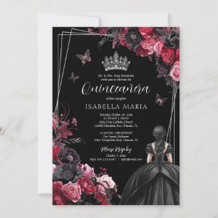 Invitación Gótico Quinceañera Floral Rojo y Negro Malhumorado