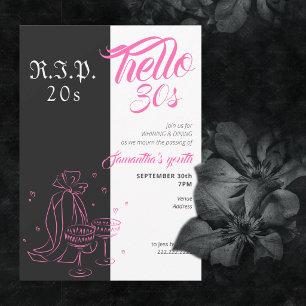 Invitación Gótico RIP 20s Hola 30s Cumpleaños Rosa Negro
