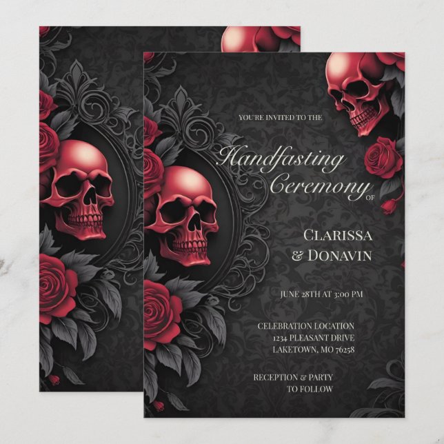 Invitación Gótico Rojo y Negro Cráneo y Rosa Damask Handfasti (Anverso / Reverso)