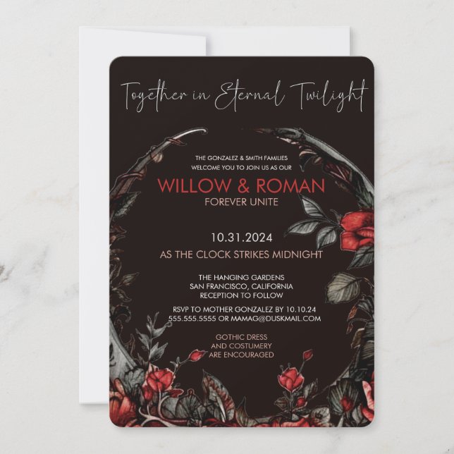 Invitación Gótico romántico Boda Rosa rojo y negro (Anverso)