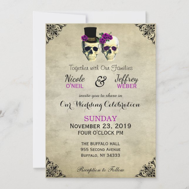 Invitación Gótico Rústico Boda Púrpura de Novia y Groom Skull (Anverso)