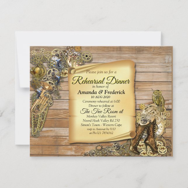 Invitación Gótico - Steampunk en cena de ensayo de madera (Anverso)