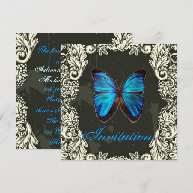Invitación Gótico Swirls Blue Butterfly steampunk Boda (Anverso / Reverso)