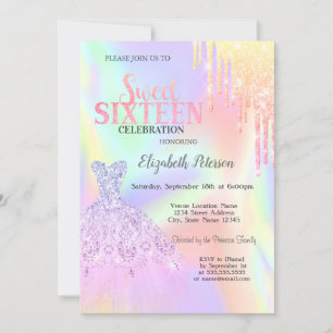 Invitación Gotitas Brillantes Geniales, Vestido Holográfico C