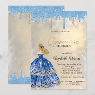 Invitación Gotitas de brillo azul claro, Niña vestida de oro