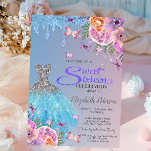 Invitación Gotitas de brillo azules, Flores azules en el vest