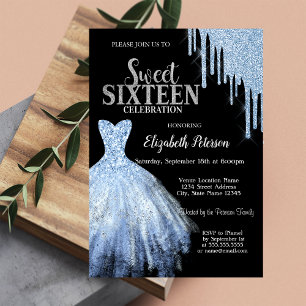 Invitación Gotitas de brillo azules, Vestido azul negro Dulce
