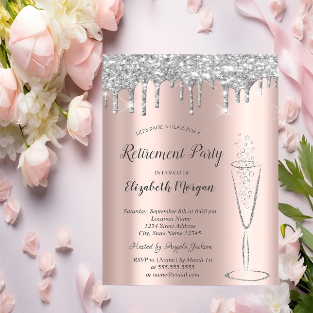 Invitación Gotitas de brillo de plata de vidrio rosa Jubilaci (Subido por el creador)