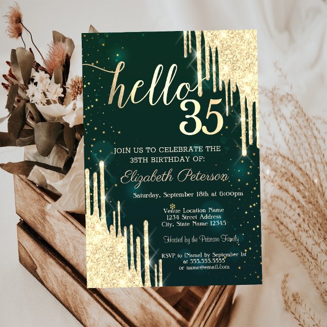 Invitación Gotitas de brillo dorado chic estrellas verdes (Subido por el creador)