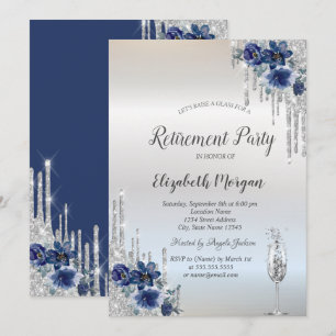Invitación Gotitas de brillo plateado Flores azules Jubilació