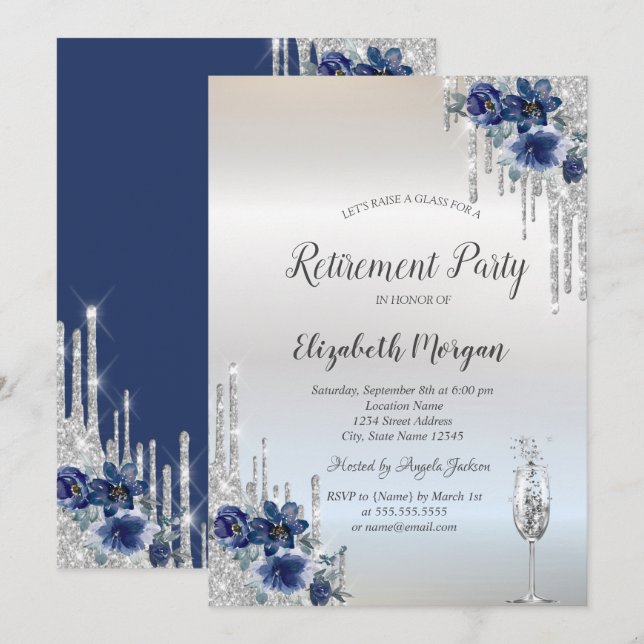 Invitación Gotitas de brillo plateado Flores azules Jubilació (Anverso / Reverso)