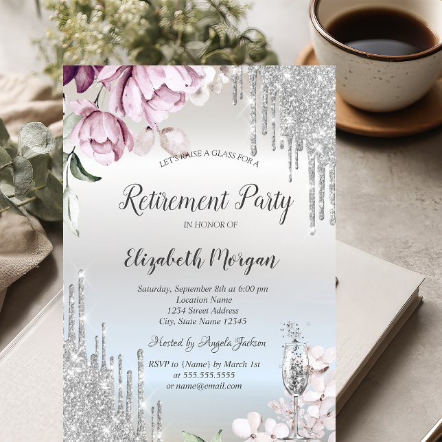 Invitación Gotitas de brillo plateado Flores violetas Jubilac (Subido por el creador)