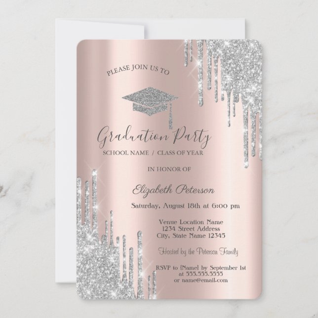 Invitación Gotitas de brillo plateado, Graduación de gorra de (Anverso)